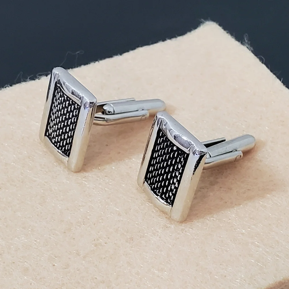 Silver & Black Herringbone Mesh Rectangular Cufflinks - Unisex